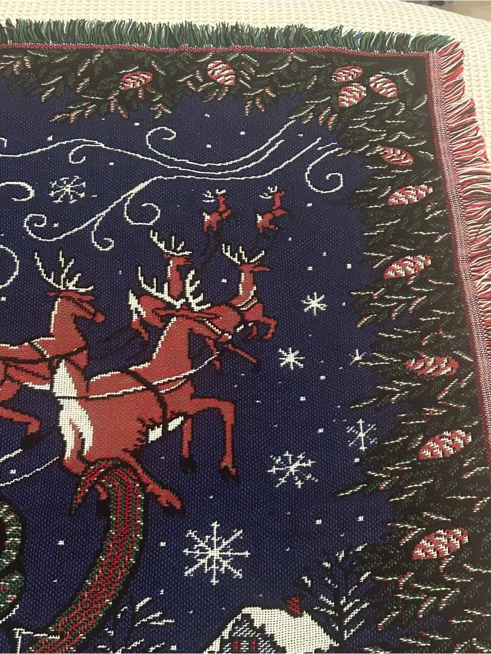 Tapestry Santa Sleigh Holiday Throw Blanket - Navy and Red